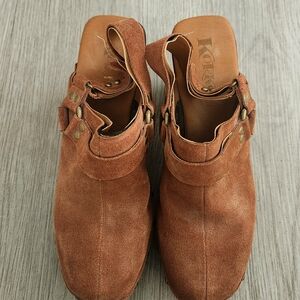 Korks Tan Suede Mules with Buckle